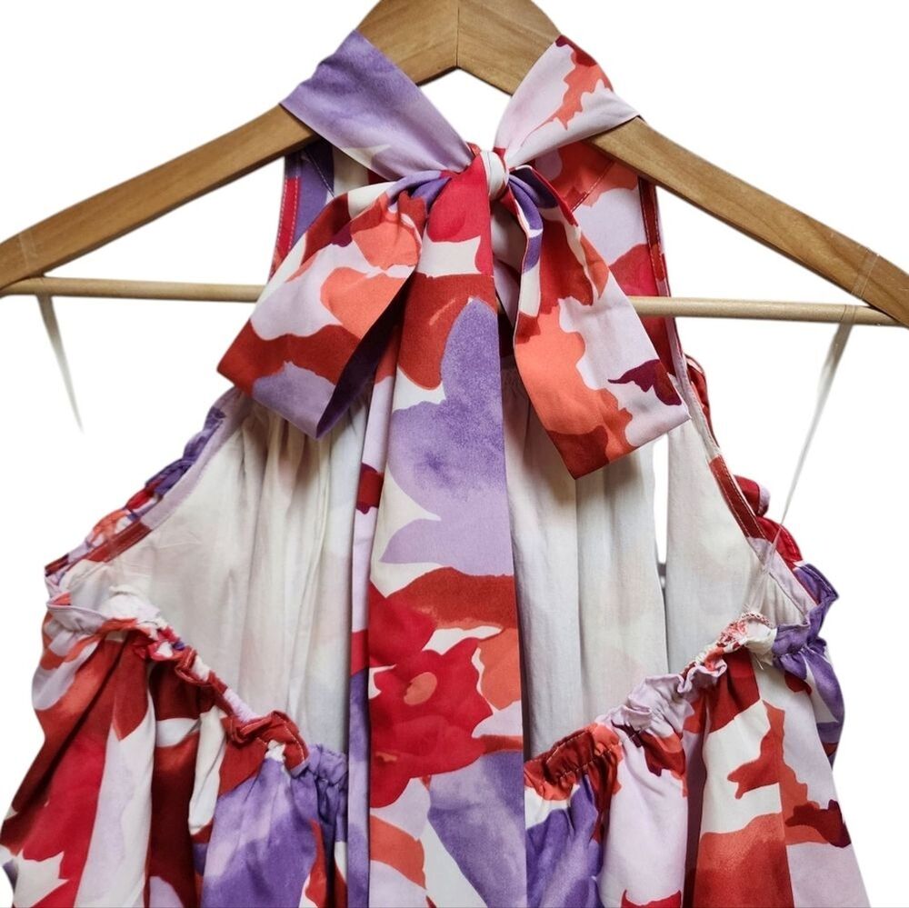 Entro  Red Purple Abstract Floral Halter Mini Layered Flared Dress Size L Beach - Picture 7 of 15